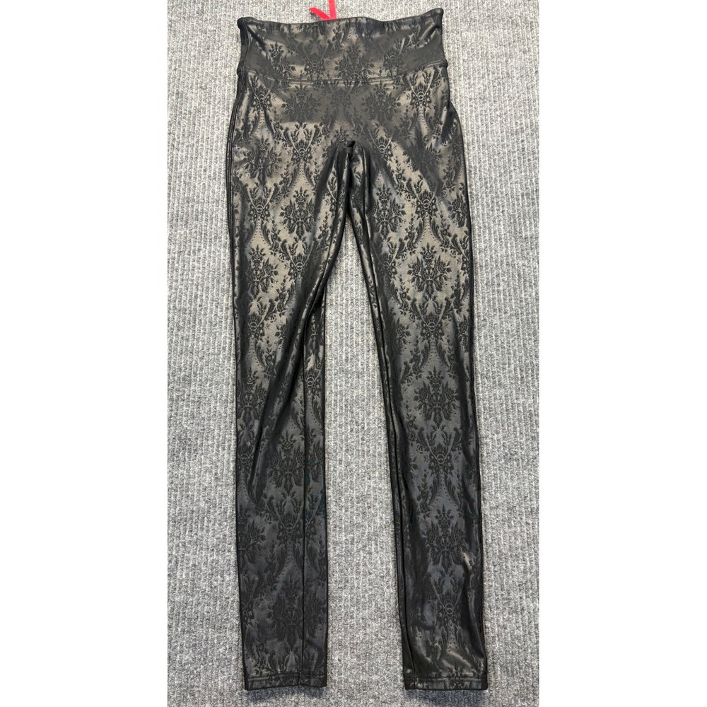 Spanx Faux Leather Damask Leggings Black High Rise Floral Embossed Small S/P
